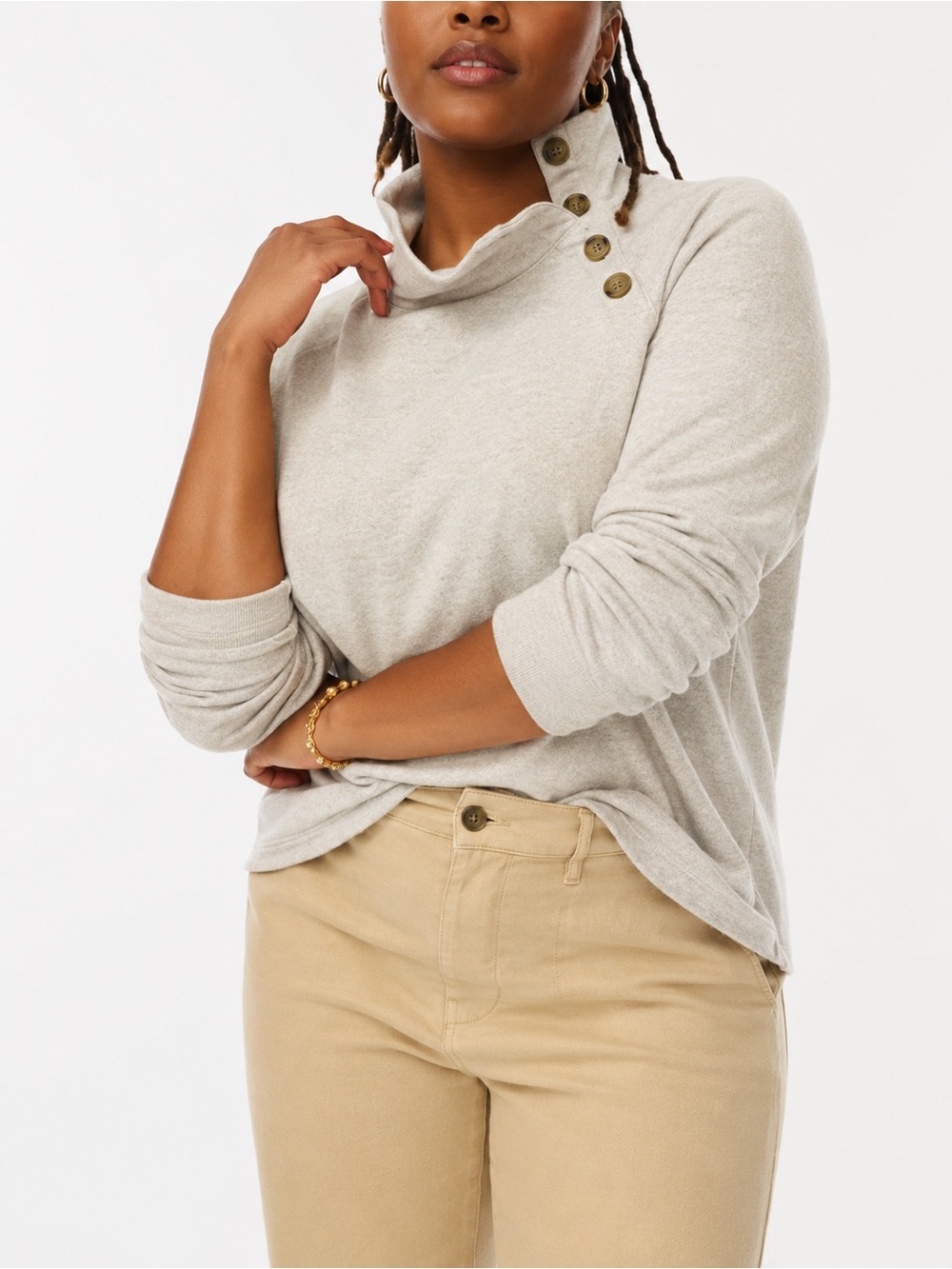 J.Crew Oatmeal Fleece Mock Neck Sweatshirt Button Shoulder Pullover Medium